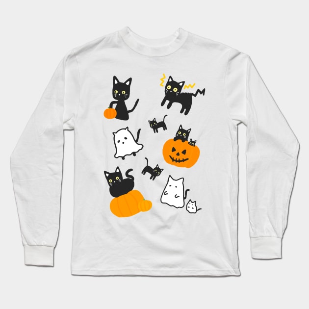 Halloween Black Cat and Pumpkin Ghost Kawaii Cute Anime Manga Logo Art Long Sleeve T-Shirt by Marinaaa010